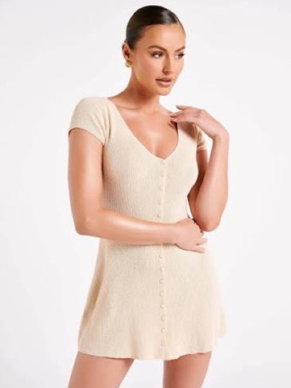 Meshki Cream Ribbed Button-Front Mini Dress